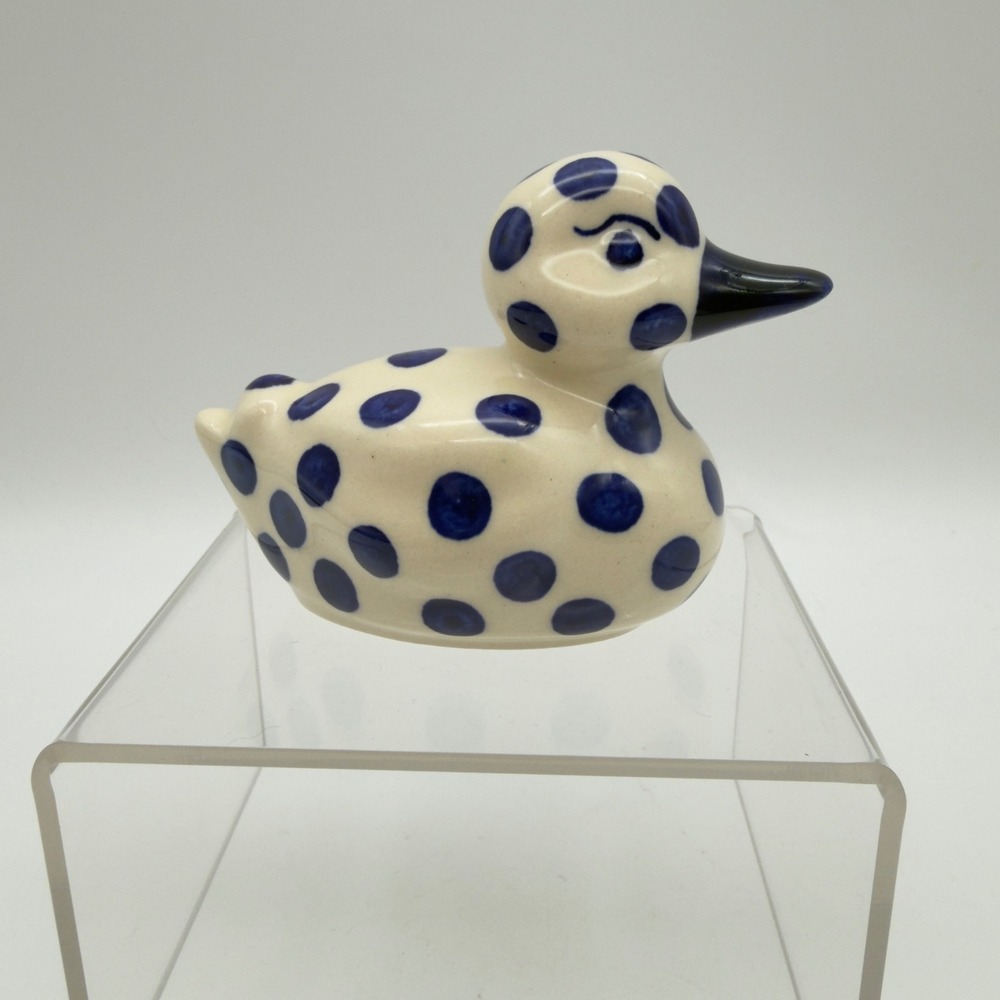 Wiza Polish Pottery Duck Figurine Blue Polka Dot Boleslawiec Stoneware 4.25in
